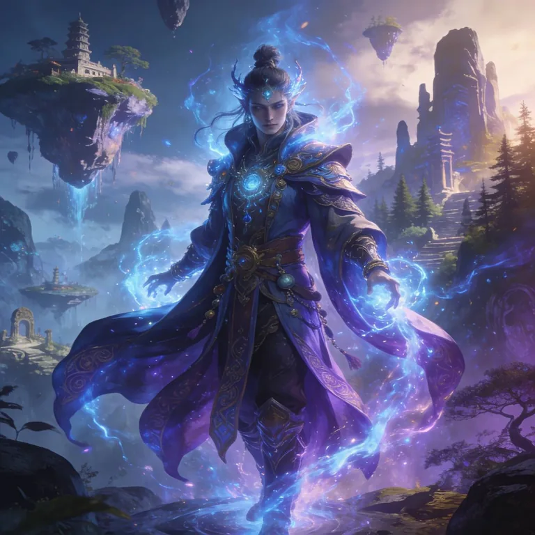 A detailed fantasy character, mystical outfit, magical glowing energy, standing in a breathtaking fantasy world, cinematic lighting, epic composition, ultra detailed, masterpiece fantasy art