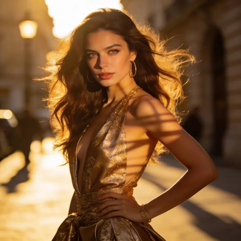Hyper realistic fashion editorial photoshoot of a beautiful woman, natural skin texture, detailed eyes, elegant pose, luxury outfit, soft golden sunlight, realistic hair movement, shot on professional DSLR camera, shallow depth of field, magazine cover photography, RAW photo, highly detailed, realistic shadows, 85mm lens, ultra realistic photography