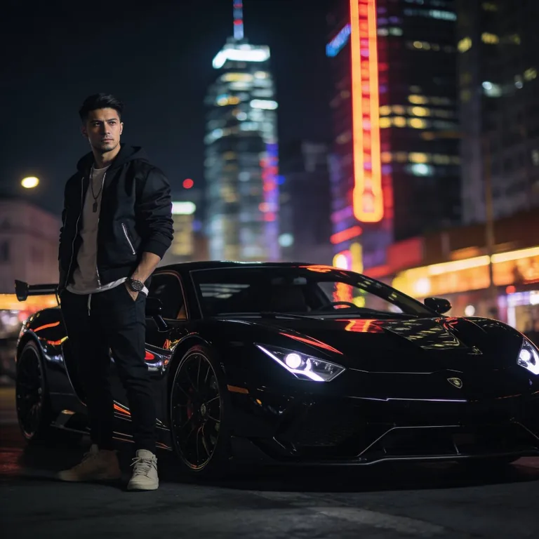 Hyper realistic cinematic photo of a stylish man standing next to a black luxury sports car, night city lights reflecting on the car body, confident pose, modern street fashion, realistic skin texture, sharp facial details, shallow depth of field, dramatic moody lighting, reflections on polished metal, professional automotive photography, ultra realistic, 85mm lens, RAW photo, high detail