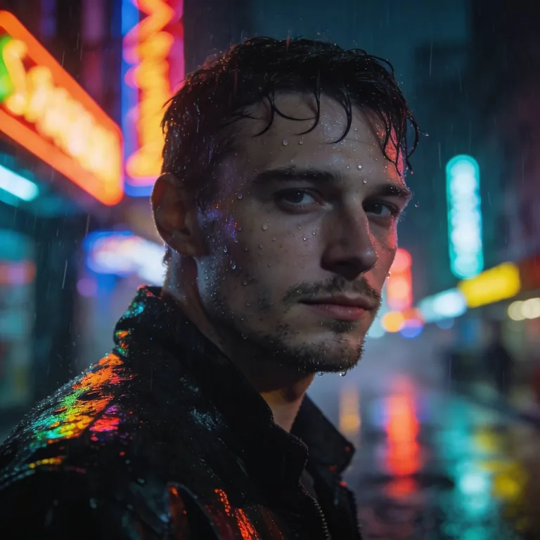 Hyper realistic cinematic photo of a white-skinned man standing alone on a rainy neon city street at night, pale skin, sharp masculine facial features, short dark hair slightly wet from rain, confident calm expression, realistic skin texture, water drops visible on face and jacket, wet pavement reflecting colorful neon lights, moody urban atmosphere, dramatic cinematic lighting, shallow depth of field, ultra realistic reflections, shot on Sony A7R IV, RAW photo, 85mm lens, masterpiece, highly detailed, realistic photography