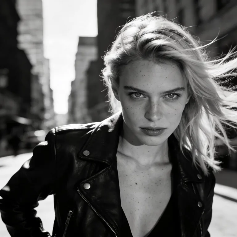 Hyper realistic photo of a white-skinned woman in black leather jacket, confident attitude, blonde hair moving in the wind, urban city background, moody cinematic lighting, bold fashion editorial photoshoot, realistic skin texture, sharp eyes, natural imperfections, RAW photography, ultra detailed, 85mm lens