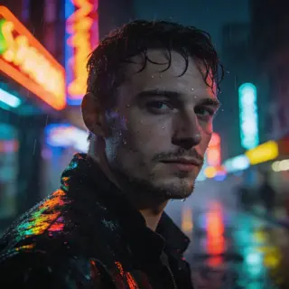 Hyper realistic cinematic photo of a white-skinned man standing alone on a rainy neon city street at night, pale skin, sharp masculine facial features, short dark hair slightly wet from rain, confident calm expression, realistic skin texture, water drops visible on face and jacket, wet pavement reflecting colorful neon lights, moody urban atmosphere, dramatic cinematic lighting, shallow depth of field, ultra realistic reflections, shot on Sony A7R IV, RAW photo, 85mm lens, masterpiece, highly detailed, realistic photography