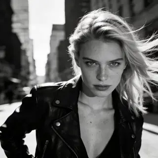 Hyper realistic photo of a white-skinned woman in black leather jacket, confident attitude, blonde hair moving in the wind, urban city background, moody cinematic lighting, bold fashion editorial photoshoot, realistic skin texture, sharp eyes, natural imperfections, RAW photography, ultra detailed, 85mm lens