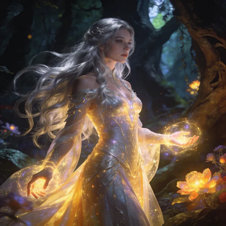 Beautiful fantasy female character standing in an enchanted forest, long flowing silver hair, elegant glowing dress, magical aura around her hands, cinematic lighting, mystical atmosphere, highly detailed, fantasy art, masterpiece