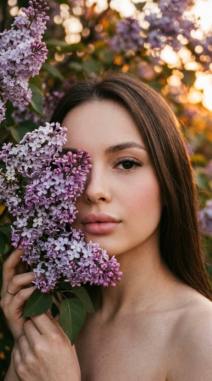 Создай ultra realistic portrait по референсу, сохранив лицо и черты внешности без изменений. Экстремально близкий кадр половины лица девушки, часть лица скрыта ветками сирени и цветами. Девушка держит сирень у лица, мягкий взгляд в камеру. Фон — цветущее дерево сирени на закате, тёплый golden hour свет, нежная кинематографичная атмосфера.

Волосы длинные, прямые и ухоженные. Губы пухлые нежно-розовые, лёгкий почти незаметный румянец, натуральный contouring, длинные ресницы, идеальная натуральная кожа с реалистичной текстурой. Без видимой одежды в кадре. Мягкая глубина резкости, фокус на глазах и цветах сирени.

Cinematic close-up, soft film grain, shallow depth of field, realistic skin texture, dreamy sunset lighting, soft shadows, ultra detailed, no AI look, no plastic skin, authentic photography, vertical 9:16.