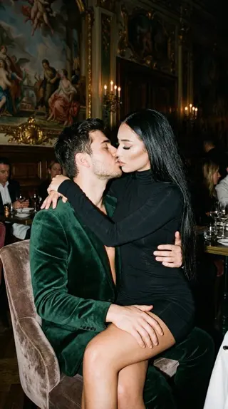 Create an ultra realistic cinematic couple portrait based on the reference, keeping the face and facial features unchanged. The atmosphere of an expensive luxury restaurant with artistic frescoes, warm dimmed light and an old money aesthetic. The man, wearing a green velvet suit over bare skin, sits on a chair while the girl sits on his lap. She wraps one arm around his neck and rests the other hand on his knee. The couple is kissing tenderly.

The girl wears a fitted black mini dress with long sleeves and a high neck. Her hair is very long, straight and loose. Her makeup is neat and expensive-looking: light contouring, long lashes, glossy lips, glowing skin.

The photo is shot with flash, with soft shadows and a film photography effect. Cinematic mood, soft film grain, luxury aesthetic, realistic skin texture, shallow depth of field, atmospheric lighting, no AI look, no plastic skin, ultra detailed, vertical 9:16.