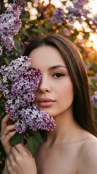 Create an ultra realistic portrait based on the reference, keeping the face and facial features unchanged. An extreme close-up of half of a girl's face, part of the face hidden by lilac branches and blossoms. The girl holds lilac to her face, with a soft gaze into the camera. The background is a blooming lilac tree at sunset, warm golden hour light, a tender cinematic atmosphere.

Her hair is long, straight and well-groomed. Full soft-pink lips, a light barely noticeable blush, natural contouring, long lashes, perfect natural skin with realistic texture. No visible clothing in the frame. Soft depth of field, focus on the eyes and the lilac blossoms.

Cinematic close-up, soft film grain, shallow depth of field, realistic skin texture, dreamy sunset lighting, soft shadows, ultra detailed, no AI look, no plastic skin, authentic photography, vertical 9:16.