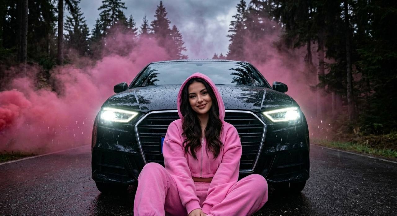 Создай фотореалистичный cinematic portrait по референсу, сохранив лицо и черты внешности без изменений. Девушка сидит на мокрой дороге перед чёрной Audi A3 последнего поколения, облокотившись спиной на передний бампер. Машина стоит строго фронтально, яркие холодные фары включены. На капоте отражаются силуэты тёмных хвойных деревьев. Позади автомобиля густой розовый дым, создающий атмосферную кинематографичную глубину. Ночной лесной фон, влажный асфальт, мягкие отражения света, mood luxury street style.

На девушке ярко-розовый oversize костюм: свободные джоггеры и укороченная худи на молнии с капюшоном. Капюшон на голове. Волосы длинные, густые, волнистые. Макияж аккуратный и дорогой, пудрово-коричневые губы. Девушка смотрит прямо в камеру и нежно улыбается. Ракурс слегка снизу, крупный план / medium close-up, акцент на лице и атмосфере кадра.

Ultra realistic, 8K, realistic skin texture, cinematic lighting, shallow depth of field, realistic reflections, soft smoke diffusion, wet asphalt reflections, no AI look, high detail, shot like professional editorial photo.