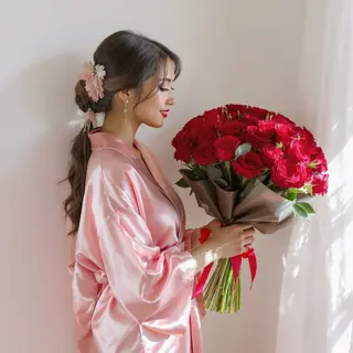 Do not change the facial features or hair color. Create an ultra detailed 4K photo, realistic, with pronounced skin texture. A young woman stands by a white wall with a huge bouquet of red roses. The background is not blurred. She is wearing silk pink kimono pajamas. The woman is looking at the bouquet, her hands holding it. Sunlight shines in from the window.