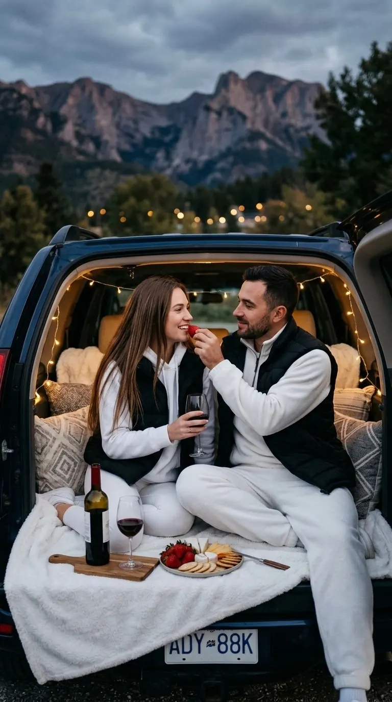 Создай ultra realistic cinematic couple portrait по референсу, сохранив лицо и черты внешности без изменений. Пара сидит вечером в открытом багажнике машины на фоне гор. Внутри багажника уютная romantic picnic aesthetic: расстелено белое одеяло, декоративные подушки, бутылка вина с бокалами, тарелка с клубникой и сыром, тёплые гирлянды создают мягкое свечение.

Мужчина кормит девушку клубникой, они смотрят друг на друга с нежностью и улыбкой. На девушке белые леггинсы, белая худи с капюшоном, чёрная дутая жилетка и кроссовки. Волосы длинные, прямые, распущенные. На мужчине белый флисовый костюм и чёрная дутая жилетка.

Мягкий вечерний свет, атмосферные огни гирлянд, cinematic mood, романтичная атмосфера путешествия и уюта. Shallow depth of field, realistic skin texture, soft film grain, authentic candid photography, ultra detailed, 8K, no AI look, no plastic skin, vertical 9:16.