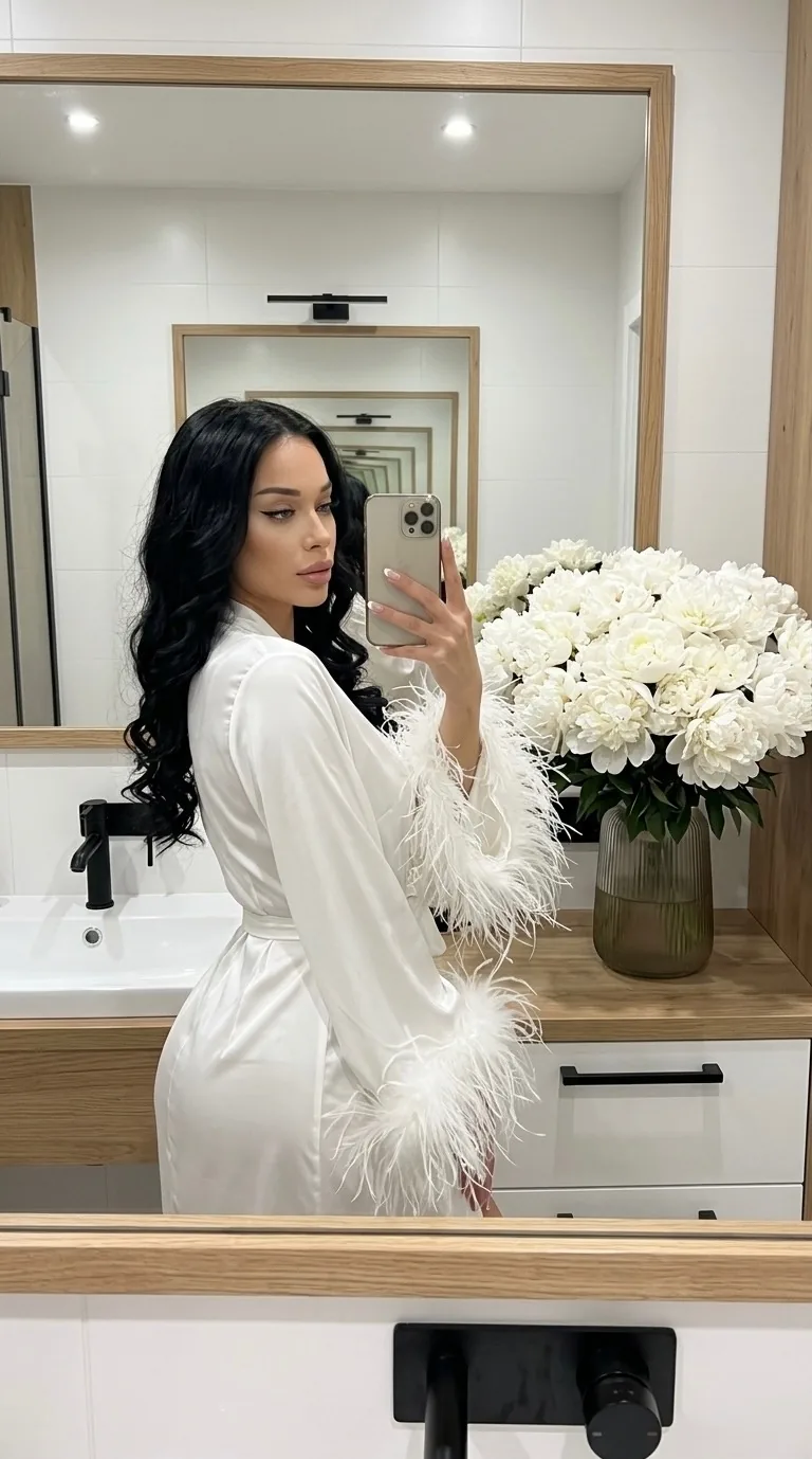 Создай ultra realistic mirror selfie portrait по референсу, сохранив лицо и черты внешности без изменений. Девушка стоит в современной минималистичной ванной комнате и делает селфи в зеркале на телефон. Интерьер светлый, стильный: белые стены, натуральное дерево и чёрные детали создают luxury aesthetic.

На девушке белый атласный халат, подчёркивающий фигуру, с объёмными перьями на широких рукавах. Волосы длинные, распущенные, уложены в мягкие роскошные локоны. Макияж лёгкий и дорогой: glossy lips, мягкий contouring, длинные ресницы, чёрные стрелки. Ногти аккуратный французский маникюр.

В отражении зеркала серьёзный, но кокетливый взгляд, атмосфера уверенности и эстетики luxury lifestyle. Рядом в полупрозрачной вазе стоит огромный букет белых кустовых пионов.

Cinematic mirror selfie, soft film grain, realistic skin texture, natural bathroom lighting, shallow depth of field, ultra detailed, no AI look, no plastic skin, authentic photography, luxury feminine aesthetic, vertical 9:16.