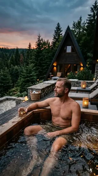 Create an ultra realistic cinematic portrait based on the reference, keeping the face and facial features unchanged. A man sits in a jacuzzi on an expensive open-air terrace surrounded by nature. In the background is a modern triangular house of dark wood and a dense forest, creating a luxury retreat atmosphere.

The man wears khaki swim shorts. He sits half-turned, gazing relaxed into the distance, creating a calm and confident mood. The water in the jacuzzi softly reflects the surrounding light and the forest landscape.

Natural lighting with slight darkening, cinematic mood, soft shadows, atmospheric depth of frame. Shallow depth of field, realistic skin texture, authentic photography, ultra detailed, no AI look, no plastic skin, luxury lifestyle aesthetic, vertical 9:16.