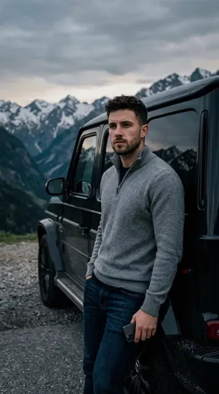 Create an ultra realistic cinematic portrait based on the reference, keeping the face and facial features unchanged. A young man stands leaning against an expensive black SUV. In the background are atmospheric mountains and a soft natural landscape. The frame is vertical 9:16, a close cinematic portrait with emphasis on the face, style and mood.

The man wears a gray half-zip sweater and dark jeans. The atmosphere is calm, confident and luxury lifestyle. Natural lighting with slight darkening creates deep shadows and volume, accentuating the texture of the clothing and the facial features.

Cinematic lighting, soft shadows, realistic skin texture, shallow depth of field, moody natural daylight, soft film grain, ultra detailed, authentic photography, no AI look, no plastic skin, 8K quality, vertical 9:16.