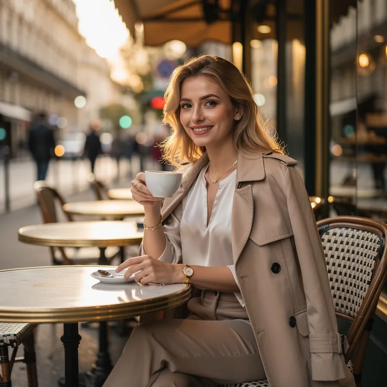 Use the reference image as the primary visual guide. Create an ultra realistic photo of the same young European woman from the reference image, sitting in an elegant street café in Paris. Preserve her facial features, hairstyle, body proportions, expression, and overall vibe from the reference. Show light skin, blonde hair, a natural smile, and her drinking coffee. Soft warm sunlight, luxury casual outfit, realistic photography, magazine editorial style, highly detailed, realistic skin texture, natural lighting, refined Parisian atmosphere.
