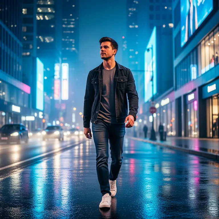 Use the reference image as the primary visual guide. Create an ultra realistic photo of a young European man walking through a modern city at night. Preserve the subject’s appearance, facial features, hairstyle, body proportions, outfit style, and overall composition from the reference image. Show him walking confidently through a contemporary urban street with neon reflections on wet pavement, blue and white city lights, cool tones, realistic photography, sharp details, and a cinematic urban atmosphere. Highly detailed, natural lighting, realistic skin texture, realistic proportions, depth of field, premium fashion editorial look.