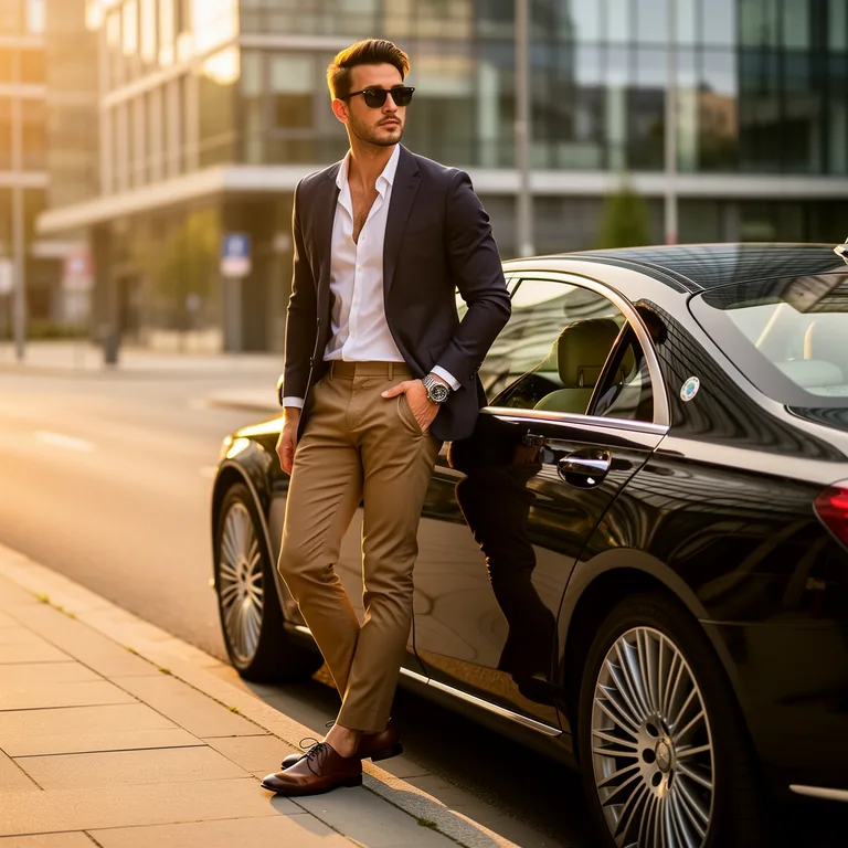 Use the reference image as the primary visual guide. Create an ultra realistic photo of the same stylish young European man from the reference image, standing next to a black luxury car on a modern city street. Preserve his facial features, hairstyle, body proportions, pose, outfit style, and overall vibe from the reference. Show him wearing a smart casual outfit, sunglasses, and an expensive watch. Clean urban background, golden hour sunlight, premium lifestyle photography, highly detailed, realistic skin texture, realistic lighting, sharp focus, luxury aesthetic.