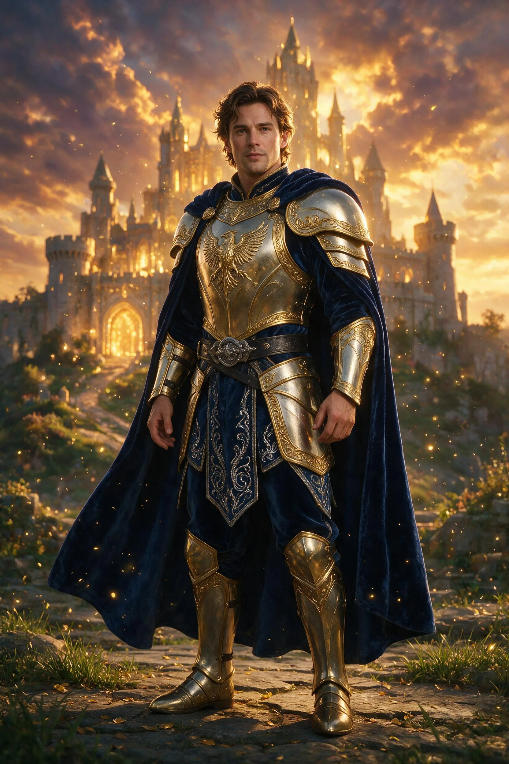 Create an epic fantasy hero character portrait. If a reference image is provided, preserve the main subject’s identity, facial features, hairstyle, body proportions and recognizable details, transforming them into a fantasy hero. If no reference image is provided, create an original heroic character.

The subject wears detailed fantasy armor mixed with elegant fabric, standing in front of an ancient glowing castle at sunset. Add magical particles, soft golden light, dramatic clouds, cinematic atmosphere and a powerful heroic pose. The face must remain realistic and expressive, with natural skin texture and clear eyes. The image should feel like premium game concept art combined with realistic portrait photography.

Style: cinematic fantasy, ultra detailed, realistic face, dramatic lighting, epic composition, high-quality character design, magical atmosphere.

Avoid: cartoon style, distorted face, bad hands, extra fingers, unreadable armor, noisy details, text, watermark, logo.