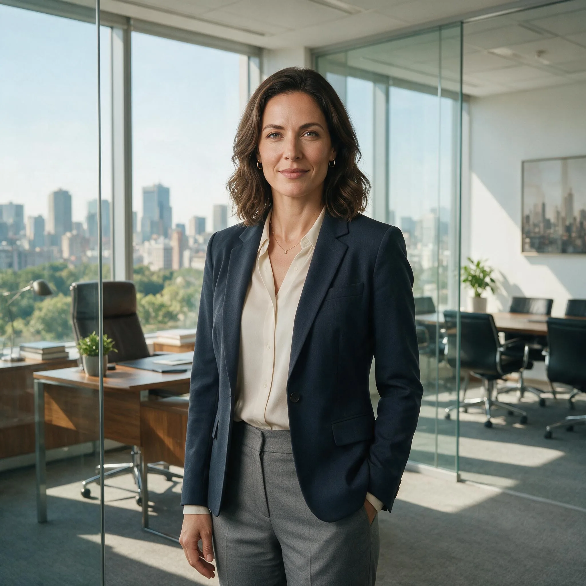 Create a premium professional business portrait. If a reference image is provided, preserve the main subject’s identity, facial features, hairstyle, body proportions and recognizable details, improving the photo into a polished business portrait. If no reference image is provided, create an original professional adult subject.

The subject is dressed in elegant modern business clothing, standing in a bright premium office interior with glass walls, soft daylight and a subtle city background. The expression is confident, calm and trustworthy. Lighting should be natural, flattering and realistic. Skin texture must look natural, not plastic. The result should look like a real high-end corporate photoshoot suitable for LinkedIn, personal brand, website profile or speaker bio.

Style: realistic corporate photography, clean composition, natural retouching, sharp eyes, premium office atmosphere, professional and trustworthy.

Avoid: fake smile, plastic skin, distorted face, bad hands, messy background, text, watermark, logo.