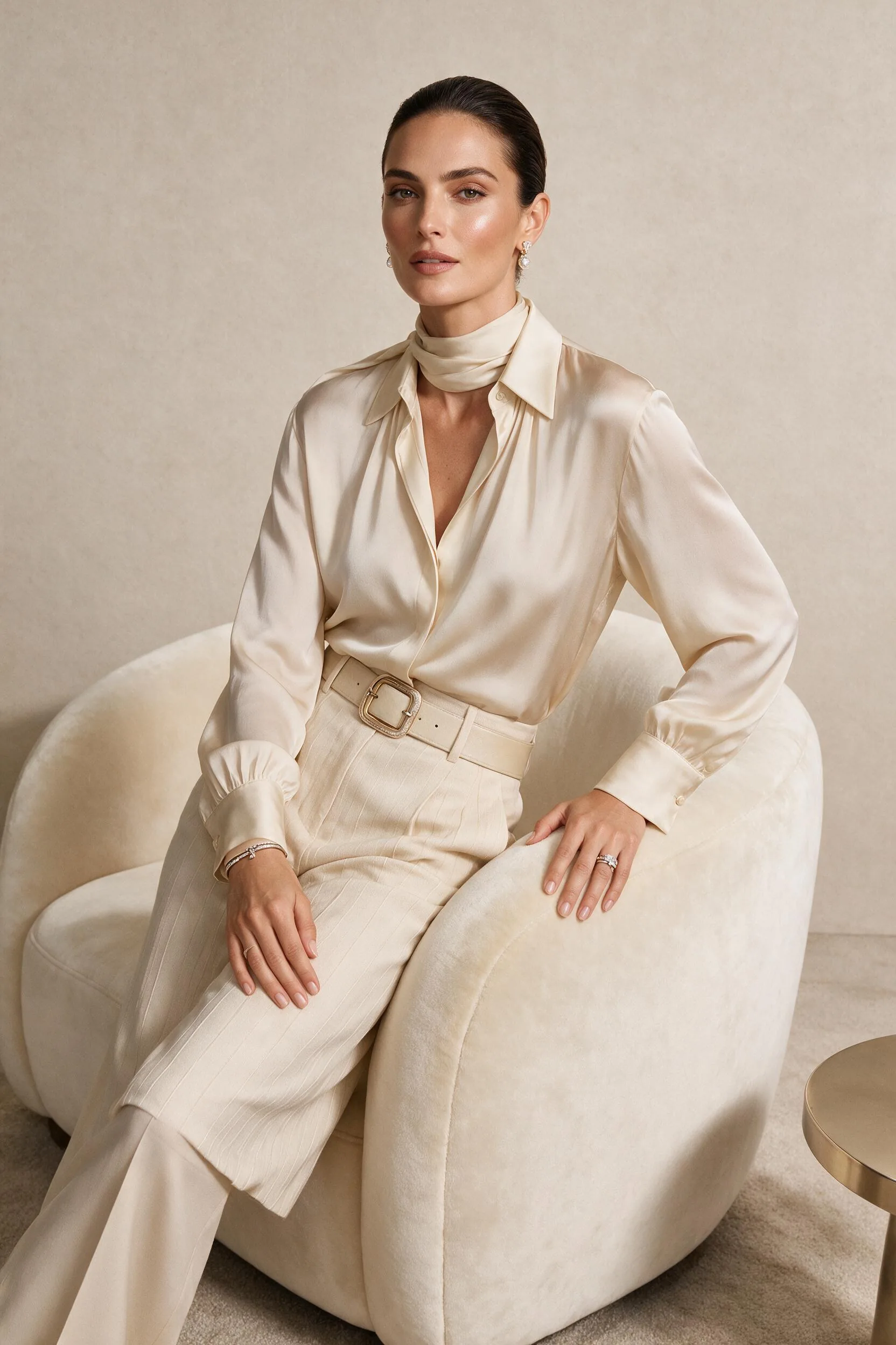 Create a luxury fashion magazine editorial portrait. If a reference image is provided, preserve the main subject’s identity, facial features, hairstyle, body proportions and recognizable details, turning them into a high-fashion editorial model. If no reference image is provided, create an original elegant model with a confident look.

The subject is posing in a minimalist luxury studio with soft beige, cream and champagne tones. Outfit: premium tailored fashion, elegant fabrics, subtle jewelry, refined styling. Lighting is soft but expensive-looking, with clean shadows, smooth highlights and realistic skin texture. The composition should feel like a Vogue-style fashion shoot, sophisticated, modern, expensive and polished.

Style: high-end editorial photography, realistic, premium studio lighting, sharp details, natural skin, elegant pose, clean background, professional retouching.

Avoid: cheap glamour, unrealistic skin, distorted anatomy, extra limbs, bad hands, messy background, text, watermark, logo.
