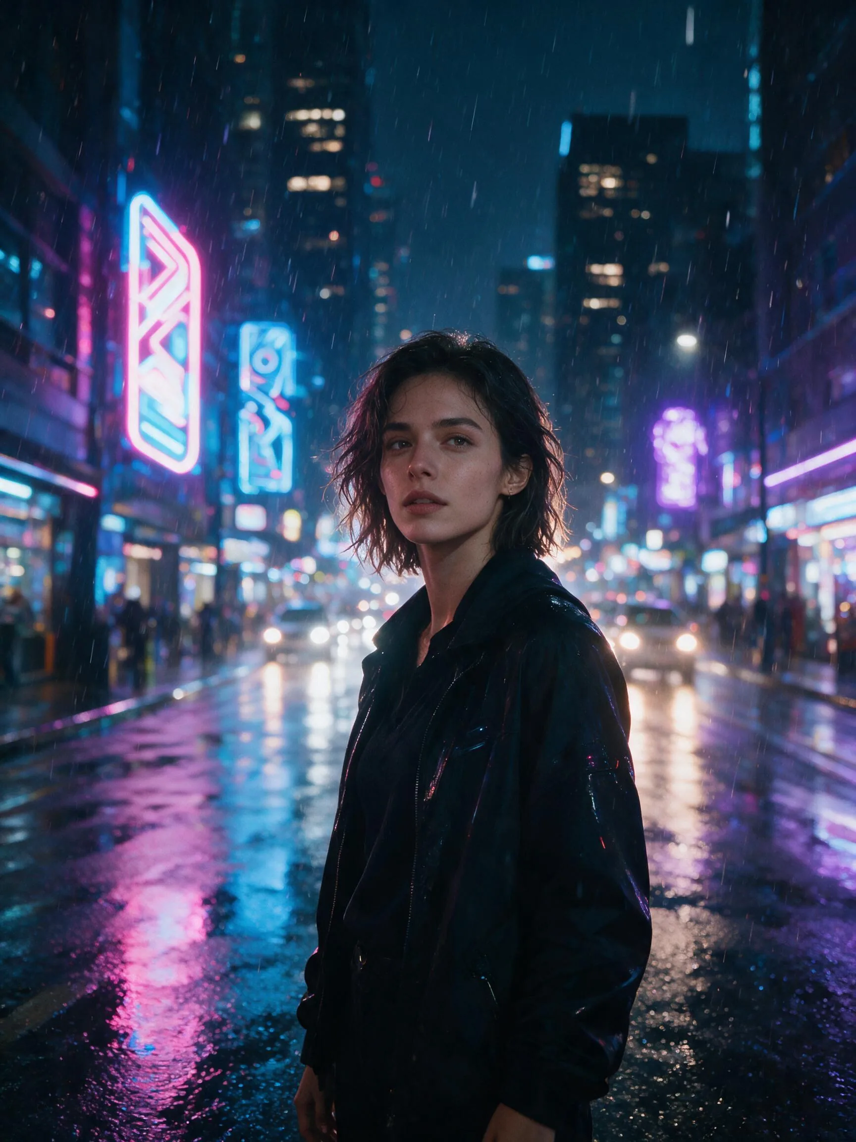 Create a cinematic neon portrait in a rainy futuristic city at night. If a reference image is provided, preserve the main subject’s identity, facial features, hairstyle, body proportions and key recognizable details, transforming them into this scene. If no reference image is provided, create an original stylish young adult character.

The subject stands under glowing neon signs, wearing a modern black coat with subtle cyberpunk details. Wet pavement reflects pink, blue and purple city lights. The mood is dramatic, premium and movie-like. Use shallow depth of field, realistic skin texture, expressive eyes, soft rim light, cinematic contrast, volumetric rain, detailed background bokeh.

Style: ultra realistic, high-end movie still, editorial photography, 85mm lens, natural pose, sharp face, rich lighting, atmospheric depth.

Avoid: distorted face, extra fingers, bad hands, blurry eyes, plastic skin, overprocessed look, watermark, text, logo.