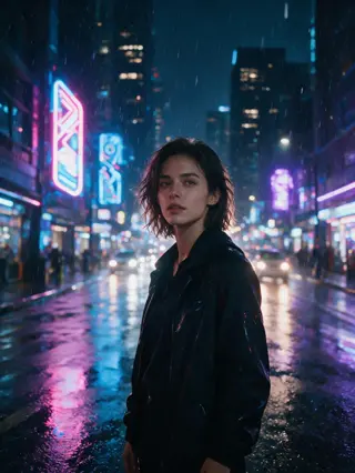 Create a cinematic neon portrait in a rainy futuristic city at night. If a reference image is provided, preserve the main subject’s identity, facial features, hairstyle, body proportions and key recognizable details, transforming them into this scene. If no reference image is provided, create an original stylish young adult character.

The subject stands under glowing neon signs, wearing a modern black coat with subtle cyberpunk details. Wet pavement reflects pink, blue and purple city lights. The mood is dramatic, premium and movie-like. Use shallow depth of field, realistic skin texture, expressive eyes, soft rim light, cinematic contrast, volumetric rain, detailed background bokeh.

Style: ultra realistic, high-end movie still, editorial photography, 85mm lens, natural pose, sharp face, rich lighting, atmospheric depth.

Avoid: distorted face, extra fingers, bad hands, blurry eyes, plastic skin, overprocessed look, watermark, text, logo.