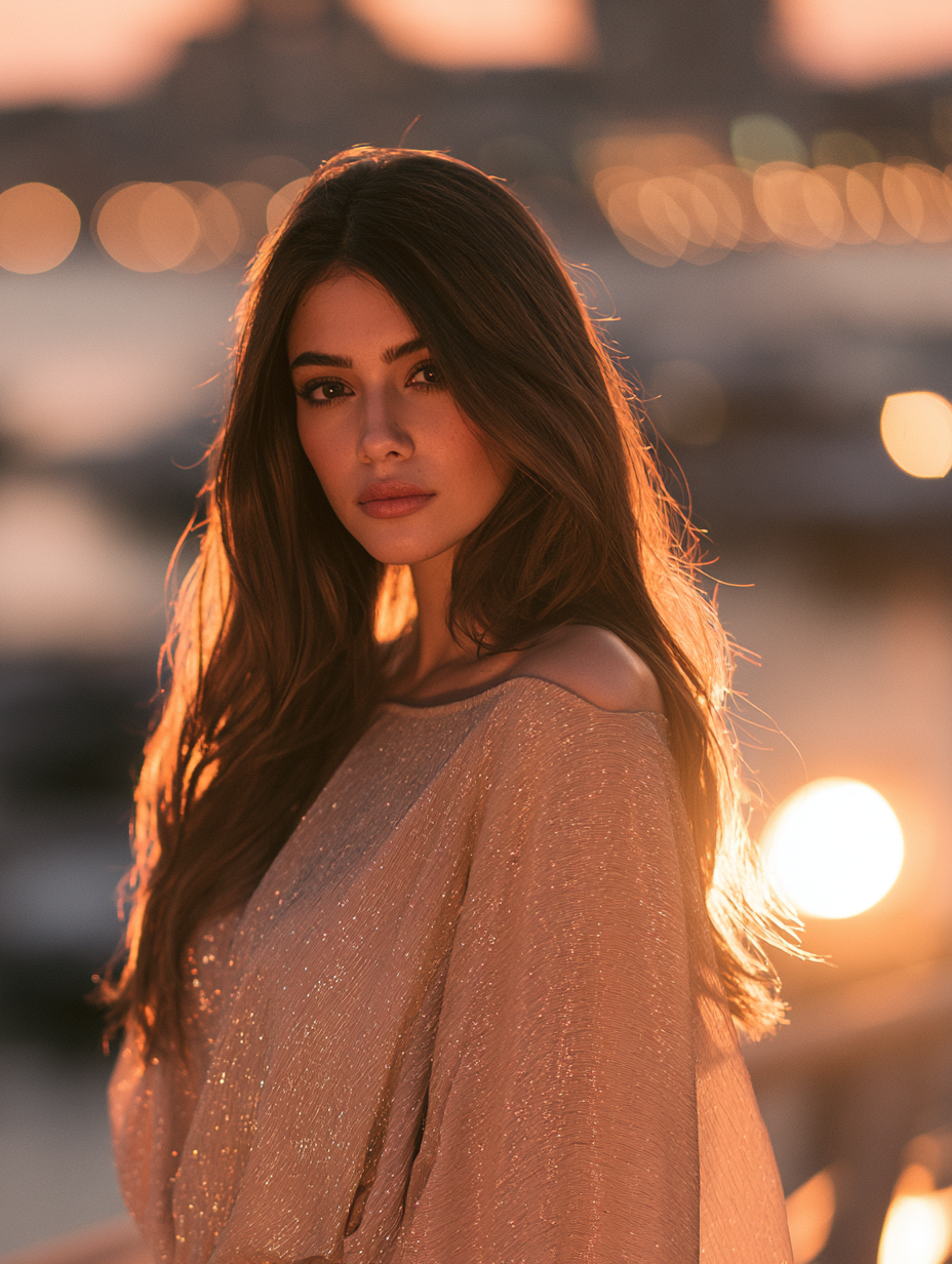 Glamorous portrait of a beautiful woman in golden evening light, wearing an elegant off-shoulder dress with subtle shimmer, soft bokeh background of city lights, 85mm lens, shallow depth of field, warm amber and rose tones, luminous skin, defined cheekbones, cascading hair catching the light, cinematic mood, HDR, photorealistic, ultra sharp focus, high-end fashion photography aesthetic.